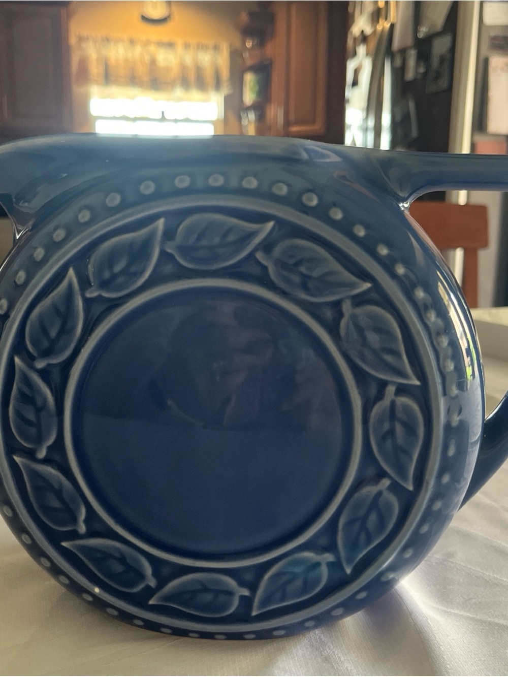 Blue Decorative Ceramic Pitcher with Leaf Motif stoneware